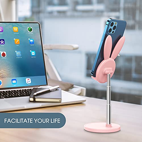 OATSBASF Cute Cell Phone Stand, Adjustable Bunny Phone Stand for Desk, Thick Case Friendly Holder Compatible with iPhone, Kindle, iPad, Switch, All Phones (Pink) - Image 3