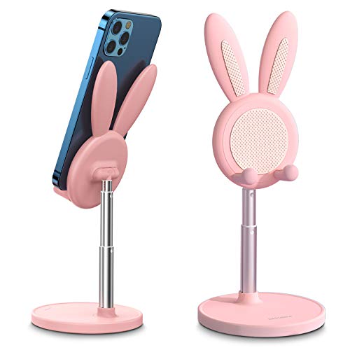 OATSBASF Cute Cell Phone Stand, Adjustable Bunny Phone Stand for Desk, Thick Case Friendly Holder Compatible with iPhone, Kindle, iPad, Switch, All Phones (Pink) - Image 1