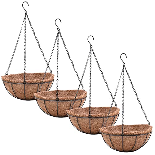 EIMQUVW 4 Pack Hanging Planter Basket with Coco Coin Liner 8 inch Hanging Flower Pots Outdoor Decorative Round Wire Plant Holder with Chain Metal Hanging Baskets for Plants Outdoor - Image 1