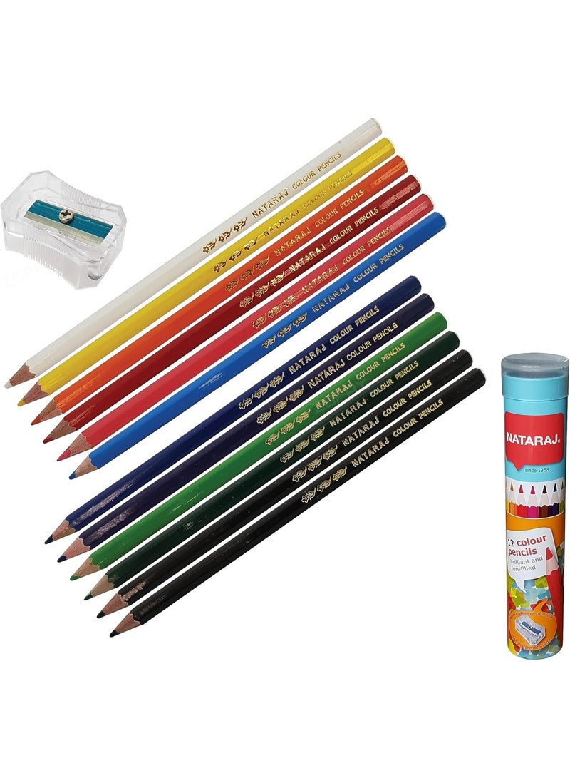 ناتاراج مجموعة أقلام تلوين ناتاراج مع مبراة و12 لونًا زاهيًا ونابضًا بالحياة في عبوة معدنية أسطوانية - Image 1