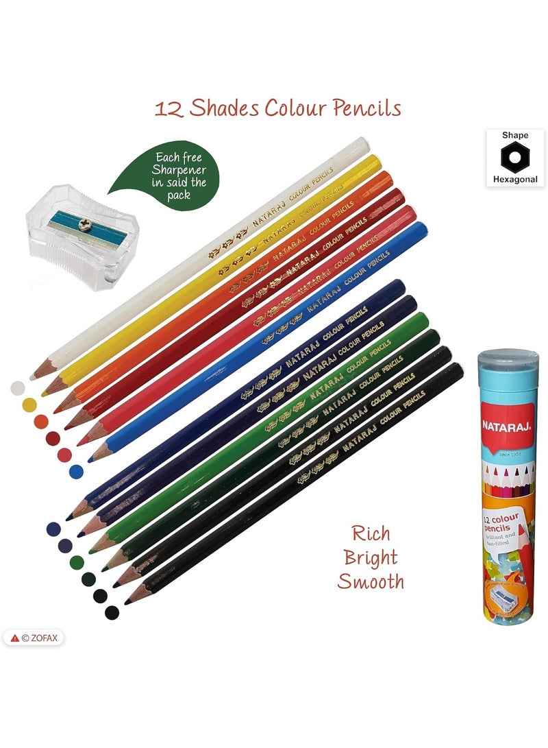 ناتاراج مجموعة أقلام تلوين ناتاراج مع مبراة و12 لونًا زاهيًا ونابضًا بالحياة في عبوة معدنية أسطوانية - Image 2