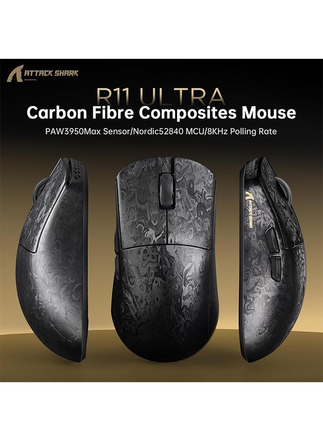 Attack Shark R11 Ultra 8K Carbon Fiber Wireless Gaming Mouse with 42000DPI-PAW3950 MAX Sensor,49g SUPERLIGHT,Nordic 52840 MCU Chip,Wired/BT/2.4Ghz Programmable,Nano-Metal Ice Coating(Black Ink+Tape) - Image 2