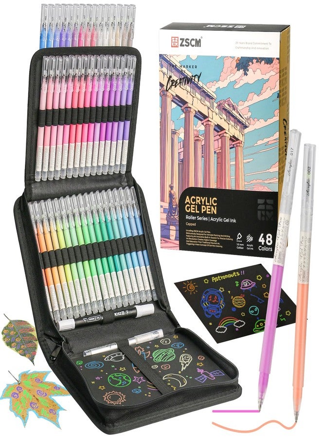 ZSCM 48 Colors 3D Acrylic Gel Pens & Black Paper Sketchbook for Drawing, 1mm Fine Point Acrylic Ink Pen, Opaque Archival Ink Pens for Black Paper Drawing, Sketching, Illustration, Card Making - Image 1
