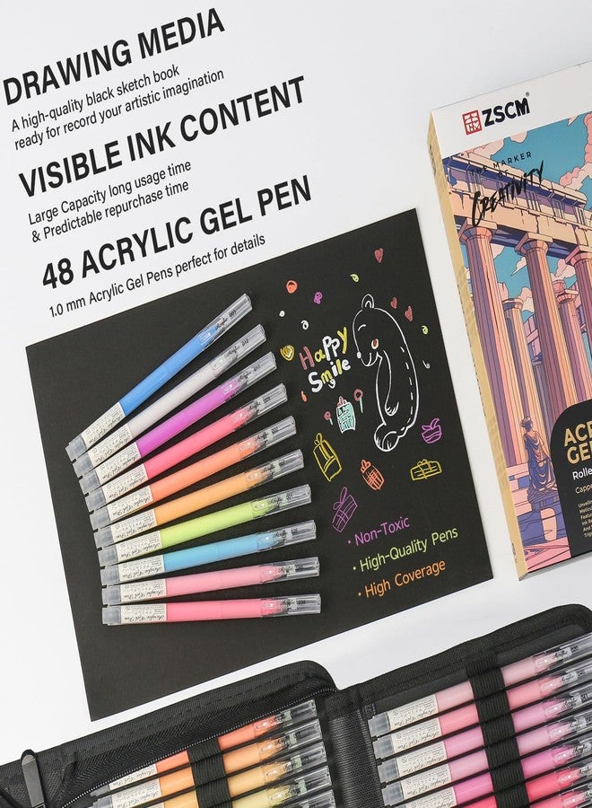 ZSCM 48 Colors 3D Acrylic Gel Pens & Black Paper Sketchbook for Drawing, 1mm Fine Point Acrylic Ink Pen, Opaque Archival Ink Pens for Black Paper Drawing, Sketching, Illustration, Card Making - Image 2