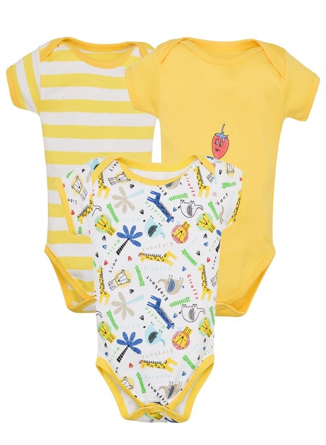 Magic Town® 100% Cotton Unisex Half Sleeve Baby Bodysuit for Kids and Infants Set of 3 (Yellow) (New Born) - Image 1