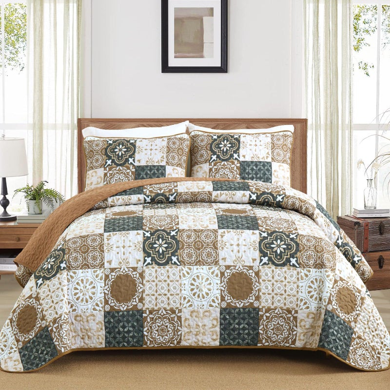 Dobuyly Brown Quilt Set King Size Boho Plaid Patchwork Bedspreads Coverlet Set 3 Pieces Soft Lightweight Microfiber Quilt Bedding Set for All Seasons 110x90 - Image 2