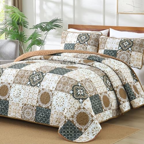 Dobuyly Brown Quilt Set King Size Boho Plaid Patchwork Bedspreads Coverlet Set 3 Pieces Soft Lightweight Microfiber Quilt Bedding Set for All Seasons 110x90 - Image 3