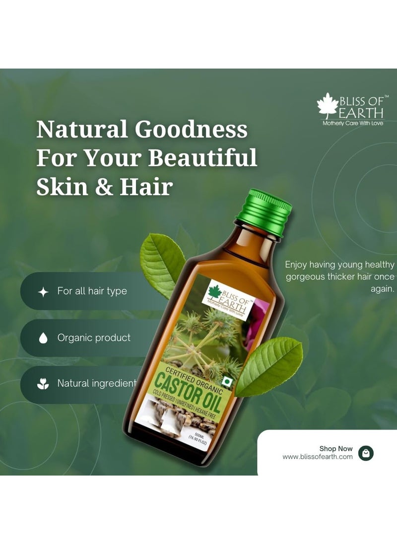 BLISS OF EARTH - 500ML Certified Organic Castor Oil for Hair Growth Cold Pressed & Hexane Free - Image 1