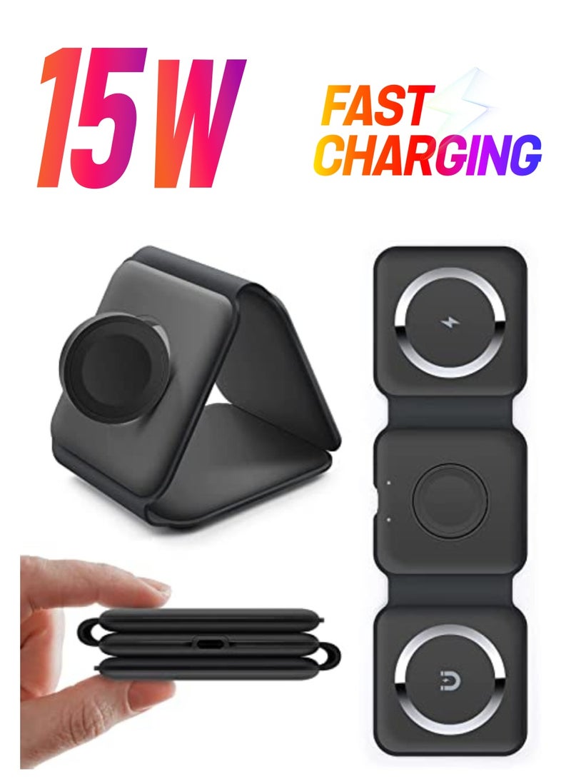 DIGI CORE 3 in 1 Wireless Charger Folding Mobile Phone Smart Watch Ultra-thin 15W Fast QI Magnetic Charger For Apple iPhone And Android Black - Image 1