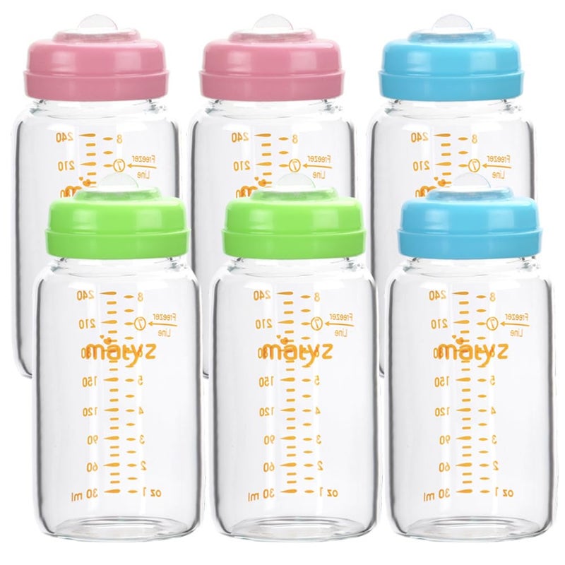 Matyz زجاجات تخزين حليب الثدي ماتيز، 6 عبوات، 8 أونصات، متوافقة مع مضخة الثدي سبيكترا ميديلا - مجموعة زجاجات تخزين آمنة في الفريزر - حاويات تخزين حليب الثدي بفم واسع - خالية من BPA (3 أغطية ملونة) - Image 1