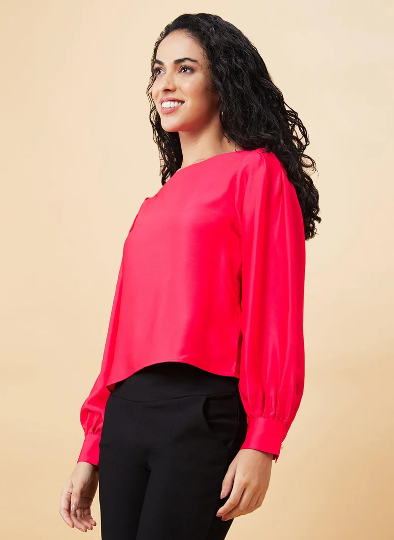 globus Globus Women Pink Round Neck Bishop Sleeve Satin Top