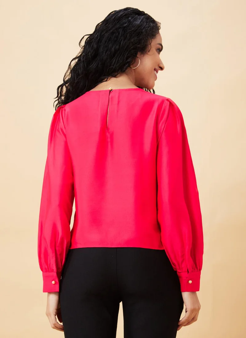 globus Globus Women Pink Round Neck Bishop Sleeve Satin Top