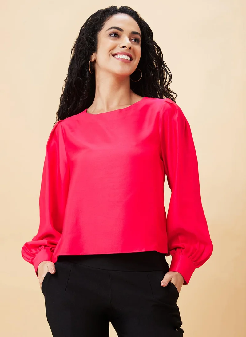 globus Globus Women Pink Round Neck Bishop Sleeve Satin Top