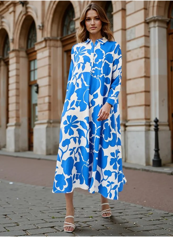 Iconic Iconic Floral Print Trapeze Midi Dress with Collar and Long Sleeves