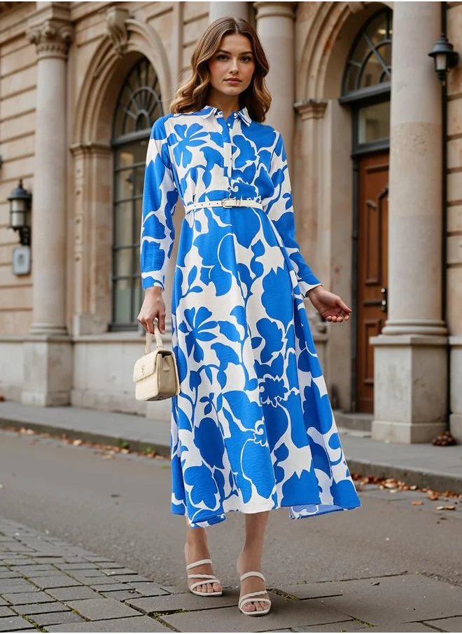 Iconic Iconic Floral Print Trapeze Midi Dress with Collar and Long Sleeves
