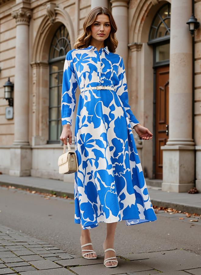 ايكونيك فستان ميدي أيقوني بطبعة زهور بياقة وأكمام طويلة - Image 2