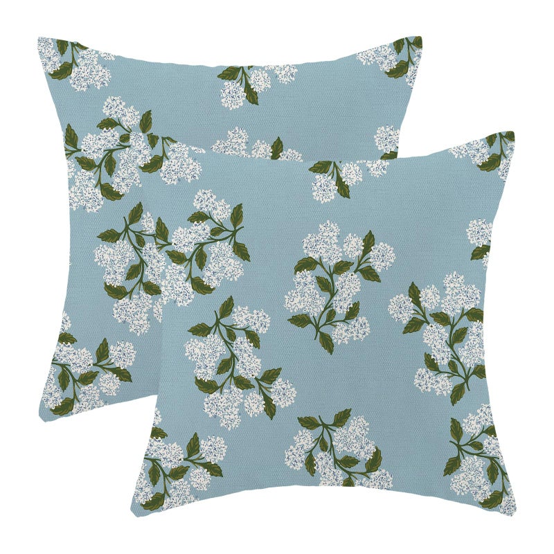 AEIOAE Spring Pillow Covers 18x18 Inch Set of 2, Baby Blue Green Hydrangea Flower Throw Pillows Case,Floral Summer Outdoor Seasonal Decorative Farmhouse Decor Cushion Covers for Home Sofa Bed Couch - Image 1