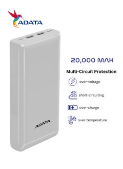 ADATA Power Bank C20 | 20,000 mAh | USB Type-C and Type-A | Multi-Circuit Protection | Compatible with iPhone, Samsung, iPad, and More | White  - Image 1