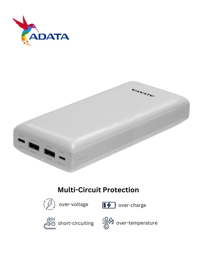 ADATA - Power Bank C20 | 20,000 mAh | USB Type-C and Type-A | Multi-Circuit Protection | Compatible with iPhone, Samsung, iPad, and More | White - Image 1