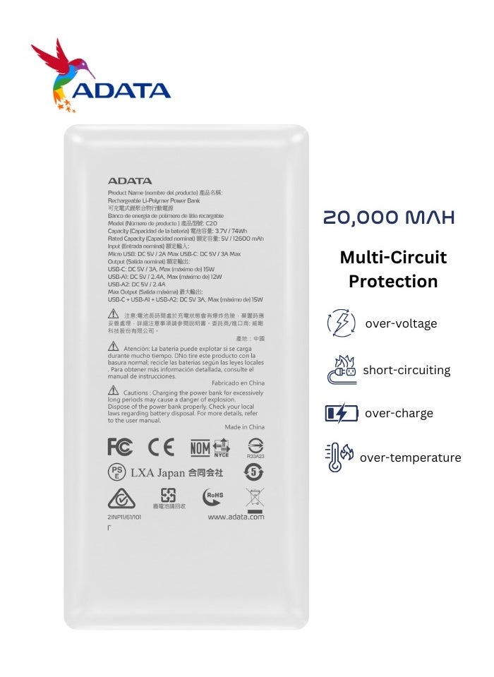 ADATA - Power Bank C20 | 20,000 mAh | USB Type-C and Type-A | Multi-Circuit Protection | Compatible with iPhone, Samsung, iPad, and More | White - Image 1