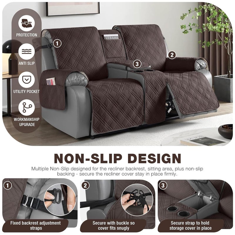 TAOCOCO Loveseat Recliner Cover with Center Console 100 Waterproof Pet Cover for Dual Recliner with Straps Design Split Reclining Loveseat Cover Furniture PetKids Protector 2 Seater Chocolate - Image 4
