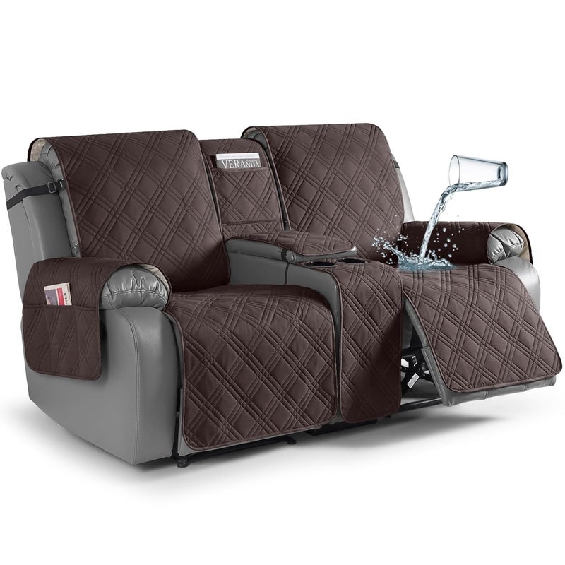 TAOCOCO Loveseat Recliner Cover with Center Console 100 Waterproof Pet Cover for Dual Recliner with Straps Design Split Reclining Loveseat Cover Furniture PetKids Protector 2 Seater Chocolate - Image 1