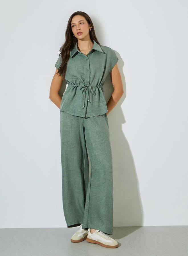 Styli Solid Drawstring Waist Top And Wide Leg Pants Set