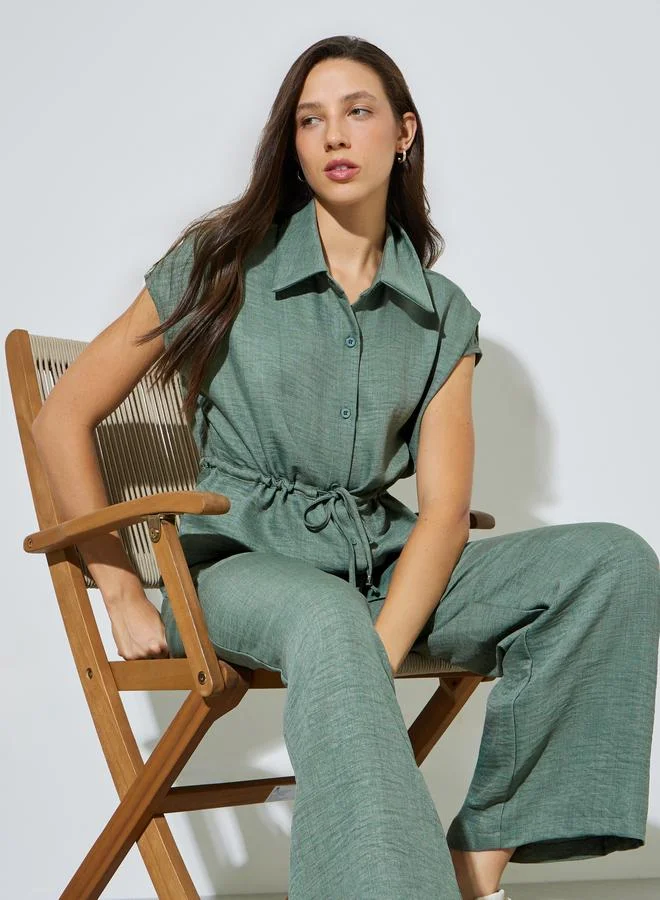 Styli Solid Drawstring Waist Top And Wide Leg Pants Set
