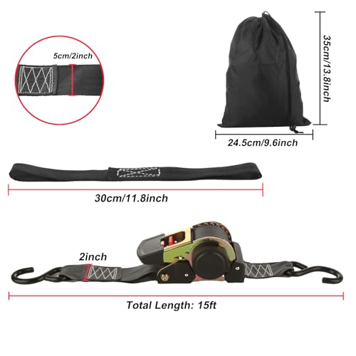 LISHINE 2 Pack 2 Inch Retractable Ratchet Straps Heavy Duty 15ft Self Retracting Tie Down Straps with S Hook, 3310 LBS Break Strength, AutoRetract Ratchet Straps for Motorcycle, Kayak, ATVs, Boats - Image 5