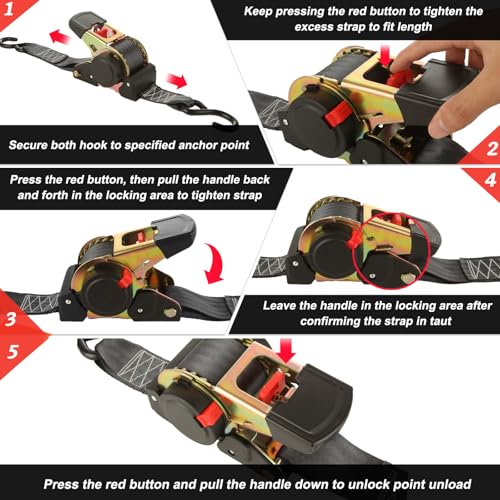 LISHINE 2 Pack 2 Inch Retractable Ratchet Straps Heavy Duty 15ft Self Retracting Tie Down Straps with S Hook, 3310 LBS Break Strength, AutoRetract Ratchet Straps for Motorcycle, Kayak, ATVs, Boats - Image 4