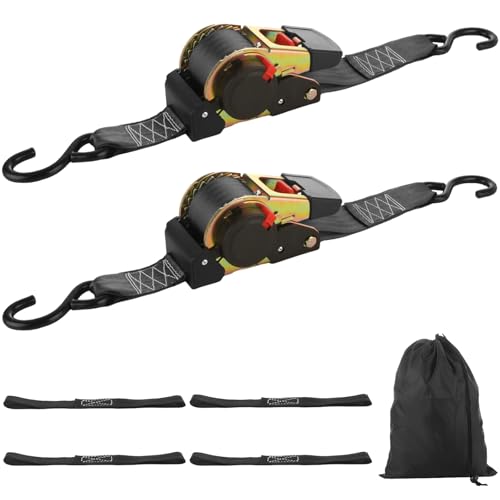 LISHINE 2 Pack 2 Inch Retractable Ratchet Straps Heavy Duty 15ft Self Retracting Tie Down Straps with S Hook, 3310 LBS Break Strength, AutoRetract Ratchet Straps for Motorcycle, Kayak, ATVs, Boats - Image 1