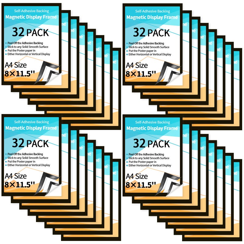 Marspark 32 Pieces 8 x 115 Inch Magnetic Sign Holder Magnetic Display Frame Self Adhesive Display Frame Magnetic Double Sided Picture Frames A4 Notice Window Sign Holder for Refrigerator Office Door Glass