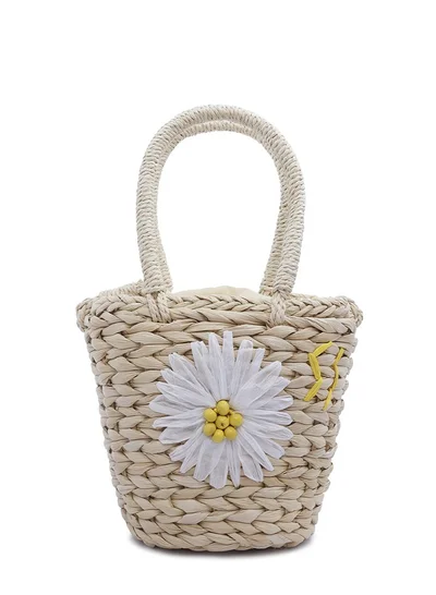 London Rag Light Beige Floral Woven Basket Bucket Bag