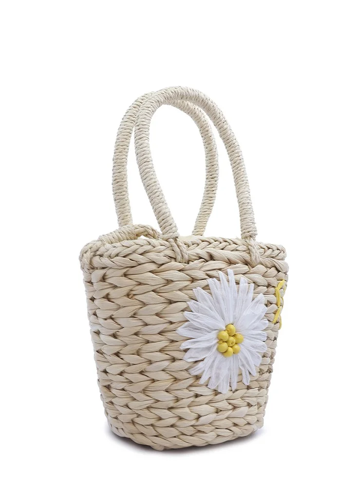 London Rag Light Beige Floral Woven Basket Bucket Bag