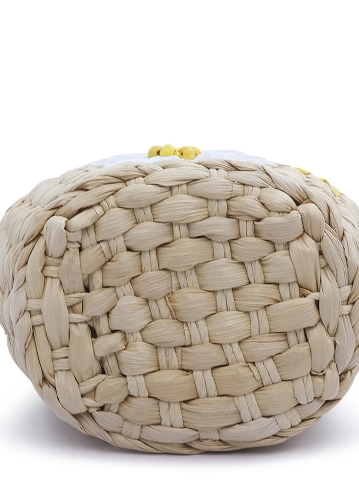 London Rag Light Beige Floral Woven Basket Bucket Bag