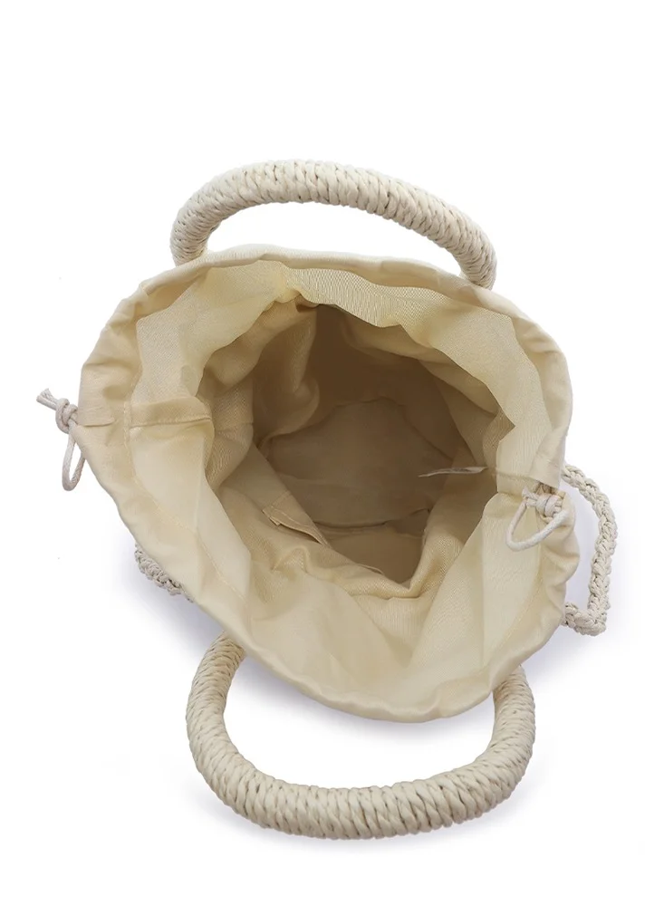 London Rag Light Beige Floral Woven Basket Bucket Bag