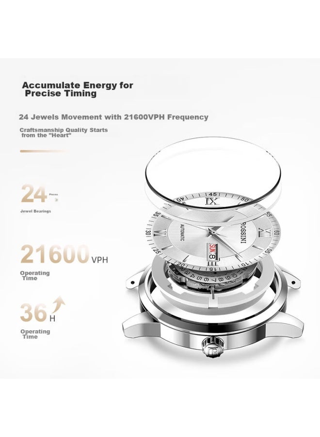 Rossini Men's Automatic Mechanical Watch With White Dial And Steel Strap, Birthday Gift, Chinese Brand, Business Versatile, Water-resistant 515701 - Image 1
