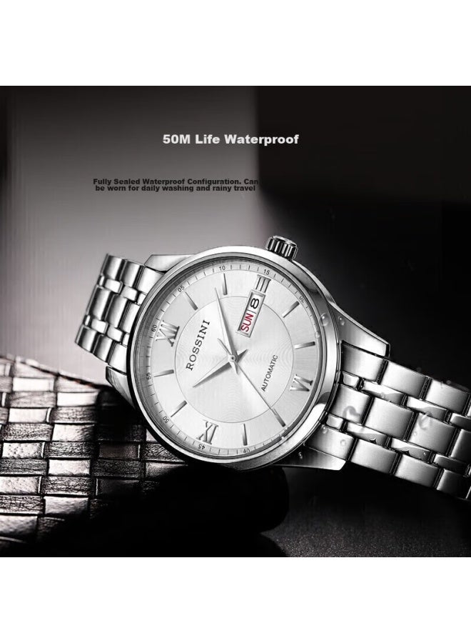 Rossini Men's Automatic Mechanical Watch With White Dial And Steel Strap, Birthday Gift, Chinese Brand, Business Versatile, Water-resistant 515701 - Image 4