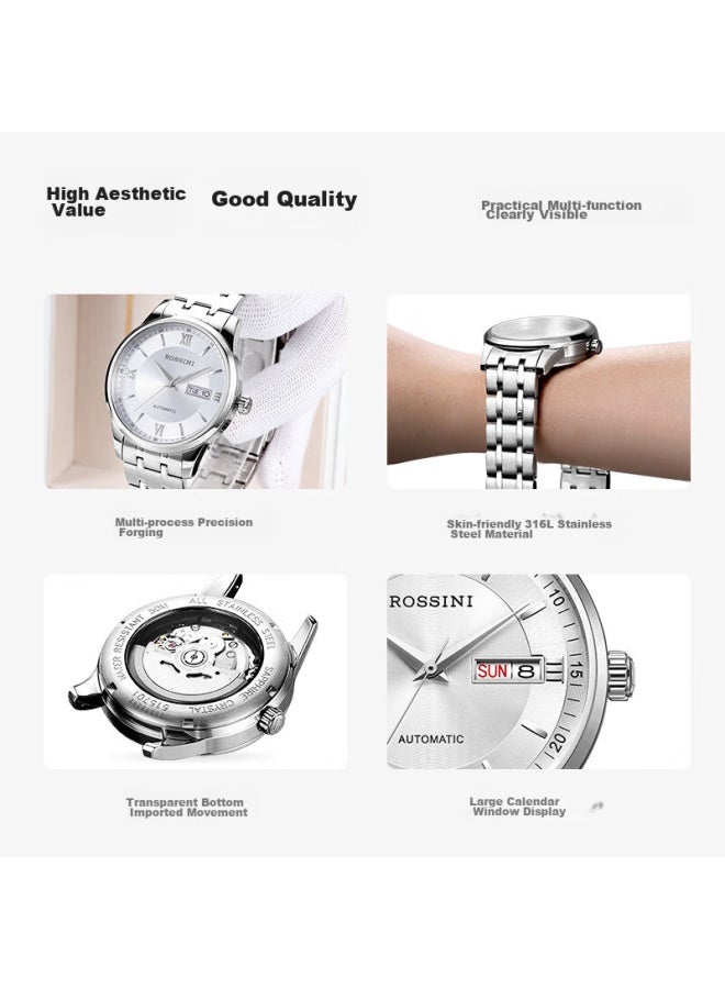 Rossini Men's Automatic Mechanical Watch With White Dial And Steel Strap, Birthday Gift, Chinese Brand, Business Versatile, Water-resistant 515701 - Image 2