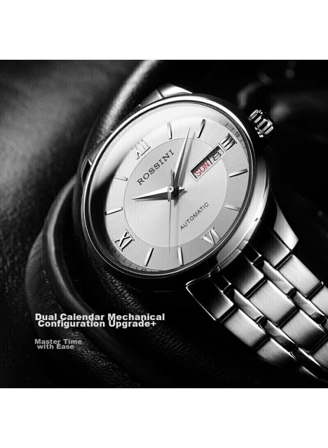 Rossini Men's Automatic Mechanical Watch With White Dial And Steel Strap, Birthday Gift, Chinese Brand, Business Versatile, Water-resistant 515701 - Image 5