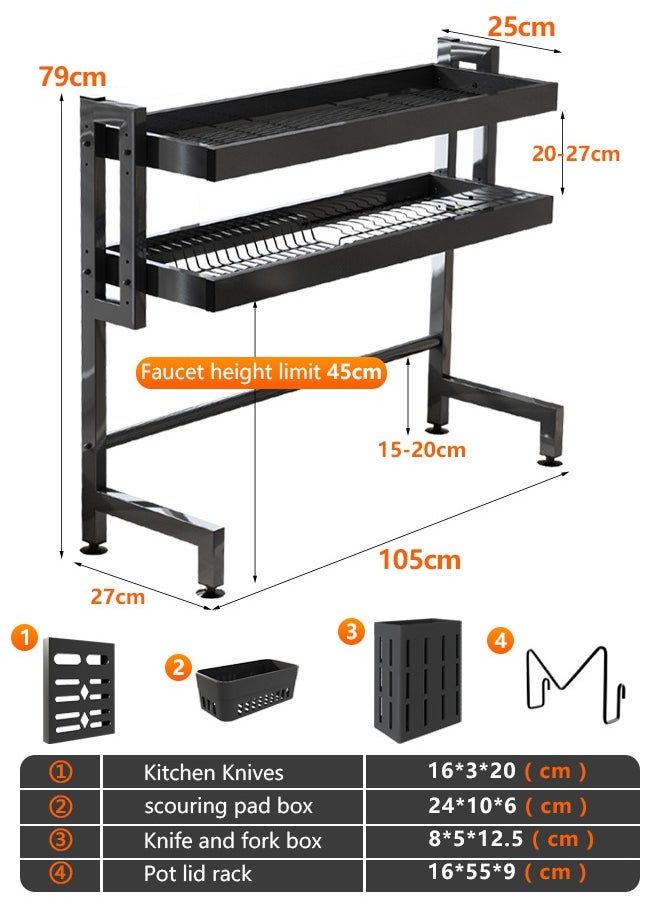 Generic - Above Sink Heavy Duty Dish Drainer Drying Rack, 2 Tier Thickened Carbon Steel Adjustable Height Kitchen Rack, Multifunctional Expandable Counter Organizer, Space Saver Dish Rack 106cm Black - Image 1