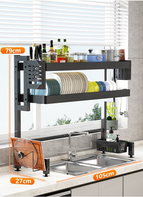 Above Sink Heavy Duty Dish Drainer Drying Rack, 2 Tier Thickened Carbon Steel Adjustable Height Kitchen Rack, Multifunctional Expandable Counter Organizer, Space Saver Dish Rack 106cm Black
