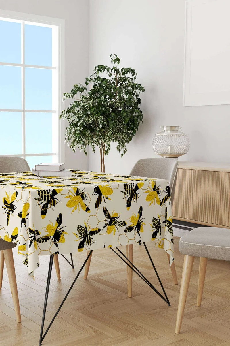 Cango Home Yellow Black Bee Honeycomb Patterned Digital Printed Tablecloth CGH1194-MS