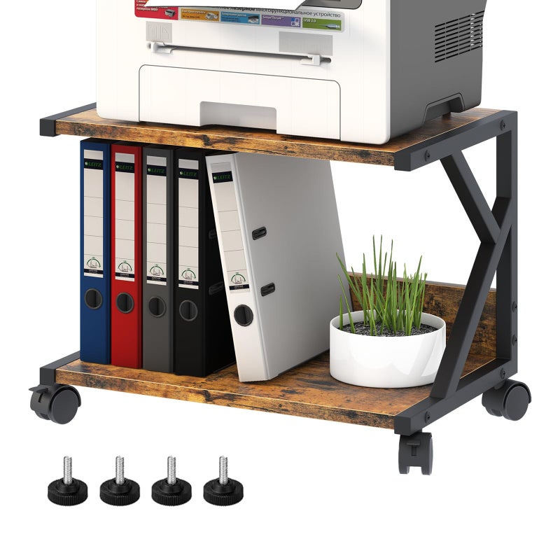 aboxoo Desktop Printer Stand with 2 Tier Wood Storage Shelves,Under Desk Printer Table,Multi-Purpose Home Office Desk Organizer for Fax Machine, Scanner (Rustic Brown) - Image 1