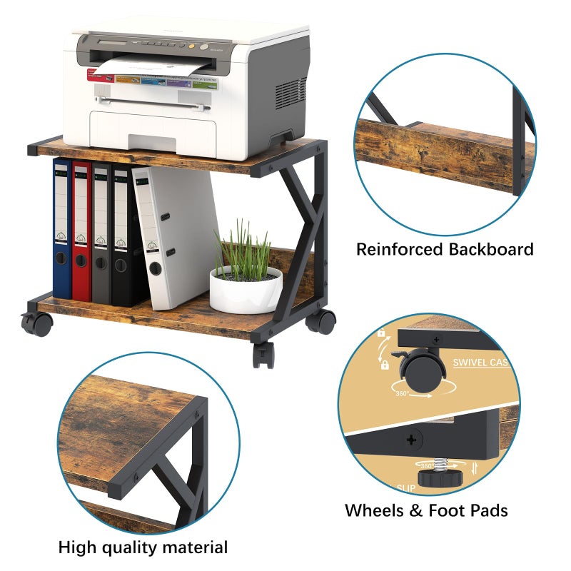 aboxoo Desktop Printer Stand with 2 Tier Wood Storage Shelves,Under Desk Printer Table,Multi-Purpose Home Office Desk Organizer for Fax Machine, Scanner (Rustic Brown) - Image 5