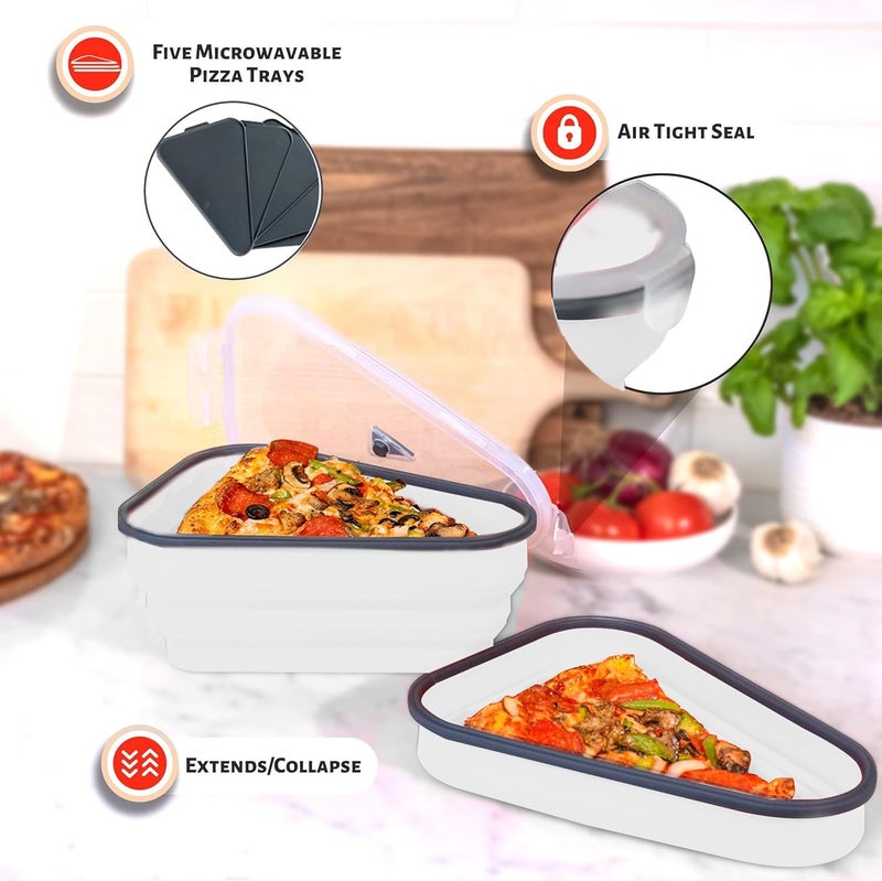 PIKFOS Pizza Storage Container Collapsible Expandable Pizza Container with 5 Microwavable Serving Trays Adjustable Pizza Slice Box to Organize Save Space Dishwasher White - Image 5