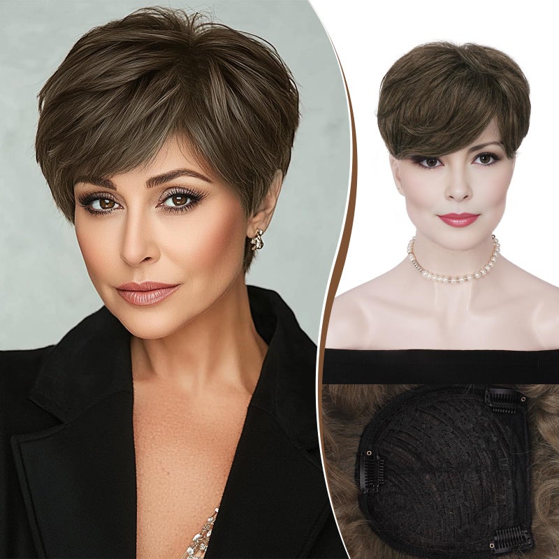 RUWISS Short Hair Toppers for Women Real Human Hair 5x55 Base Pixie Cut with Bangs ClipIn Curly Hair Pieces for Women with Thinning Hair Brown - Image 2