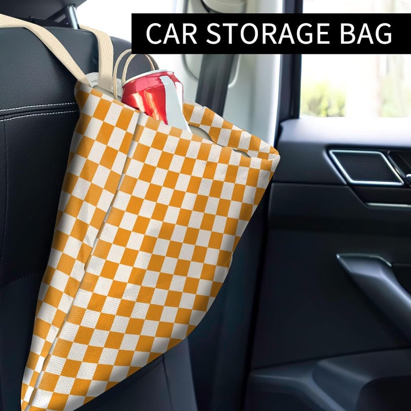 ABUIFDK Car Trash Can, Cute Car Trash Bag, Hanging Car Organizer and Storage Bag, Trash Bin for Car Accessories, Vehicle, Travelling, Camping Cute Orange Checkerboard - Image 2