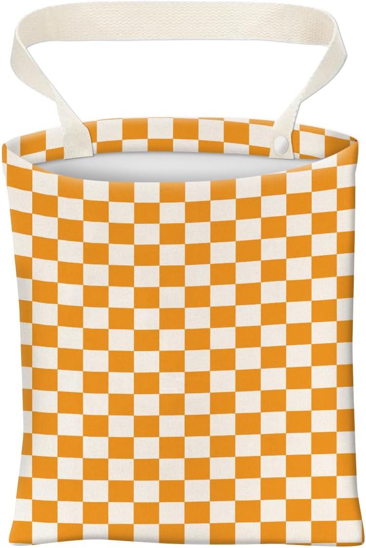 ABUIFDK Car Trash Can, Cute Car Trash Bag, Hanging Car Organizer and Storage Bag, Trash Bin for Car Accessories, Vehicle, Travelling, Camping Cute Orange Checkerboard - Image 1