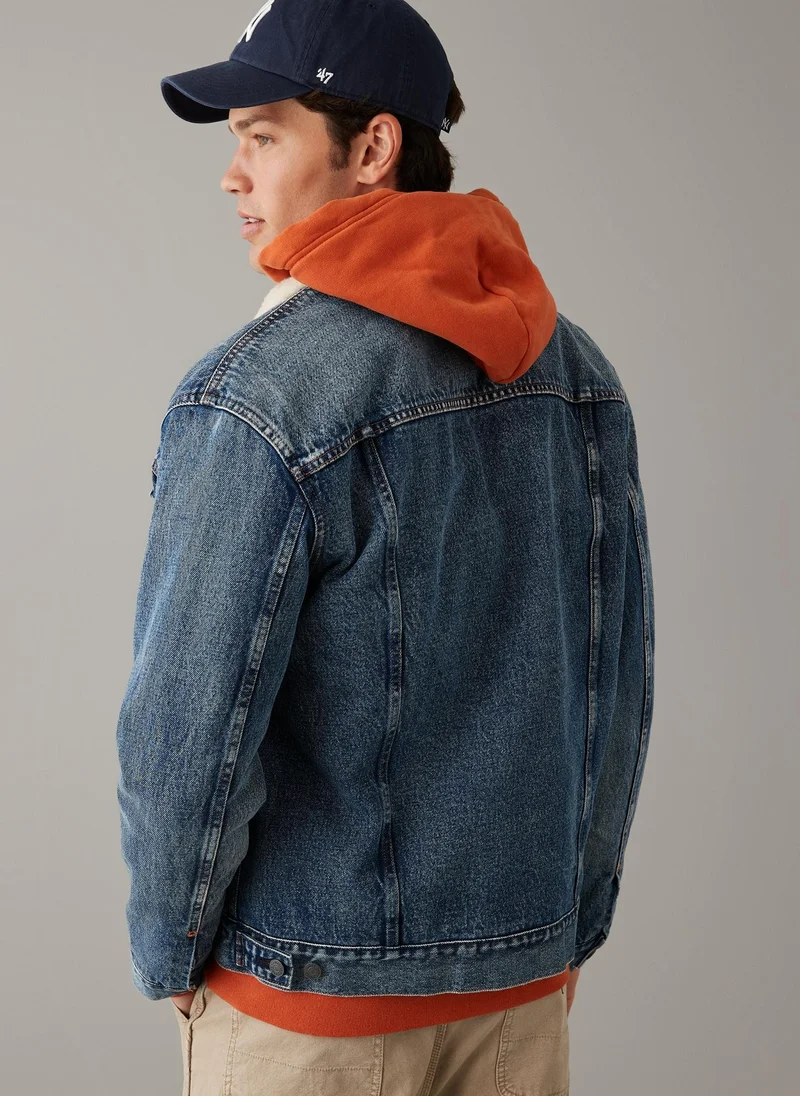 American Eagle Denim Sherpa Button Down Trucker Jacket